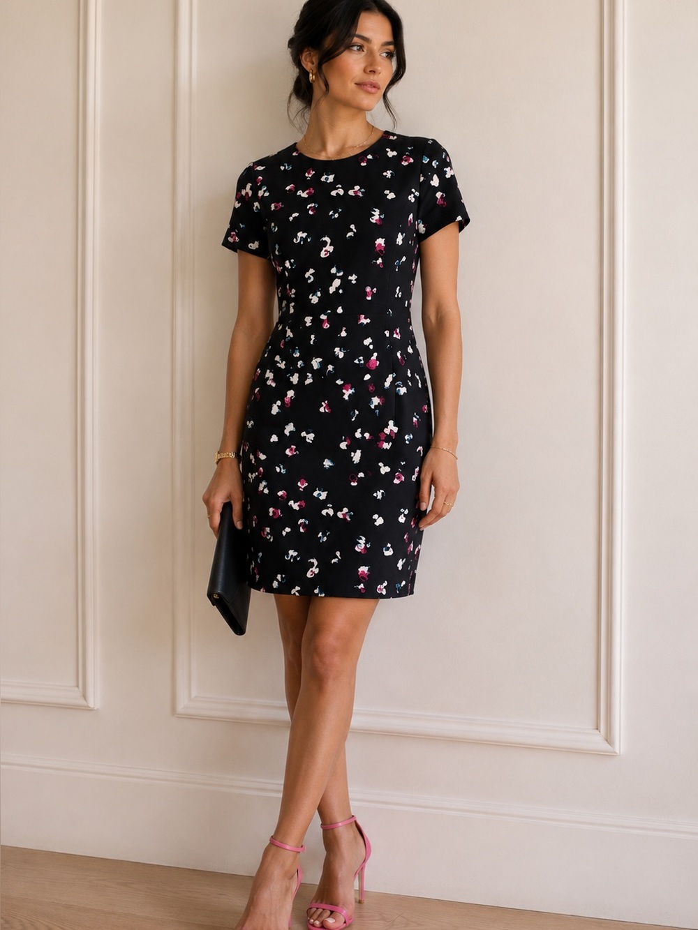 Carolina Herrera Navy Floral Shift Dress with Pink & White Accents